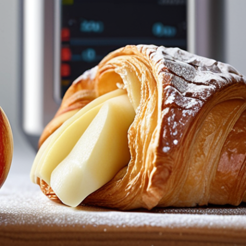 Home 4 **
A close-up shot of various food textures: a flaky croissant, smooth cream, and a crisp apple. Focus on capturing the details that highlight these textures. In the background, a sophisticated texture analyzer instrument is subtly visible, representing the scientific measurement of food properties. The overall feel should be appetizing and slightly scientific.
**