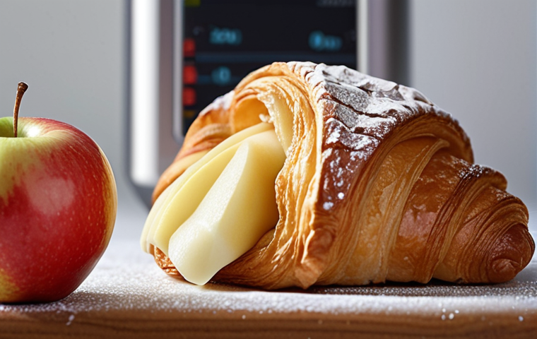 **
A close-up shot of various food textures: a flaky croissant, smooth cream, and a crisp apple. Focus on capturing the details that highlight these textures. In the background, a sophisticated texture analyzer instrument is subtly visible, representing the scientific measurement of food properties. The overall feel should be appetizing and slightly scientific.
**