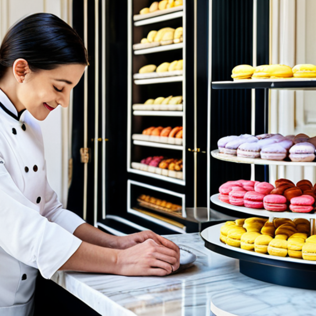 **

"A Parisian chef, fully clothed in a pristine white uniform, meticulously arranging colorful macarons on a tiered display. The backdrop is a sunlit patisserie with delicate pastries and fresh flowers.  Emphasis on texture - the glossy macarons, the crisp linen, the smooth marble countertop.  Perfect anatomy, correct proportions, natural pose, professional food photography, high quality, safe for work, appropriate content, fully clothed, family-friendly."

**