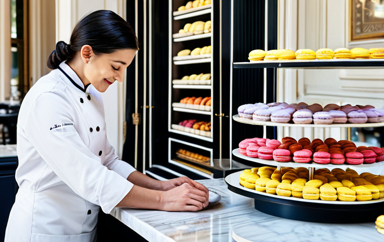 **

"A Parisian chef, fully clothed in a pristine white uniform, meticulously arranging colorful macarons on a tiered display. The backdrop is a sunlit patisserie with delicate pastries and fresh flowers.  Emphasis on texture - the glossy macarons, the crisp linen, the smooth marble countertop.  Perfect anatomy, correct proportions, natural pose, professional food photography, high quality, safe for work, appropriate content, fully clothed, family-friendly."

**
