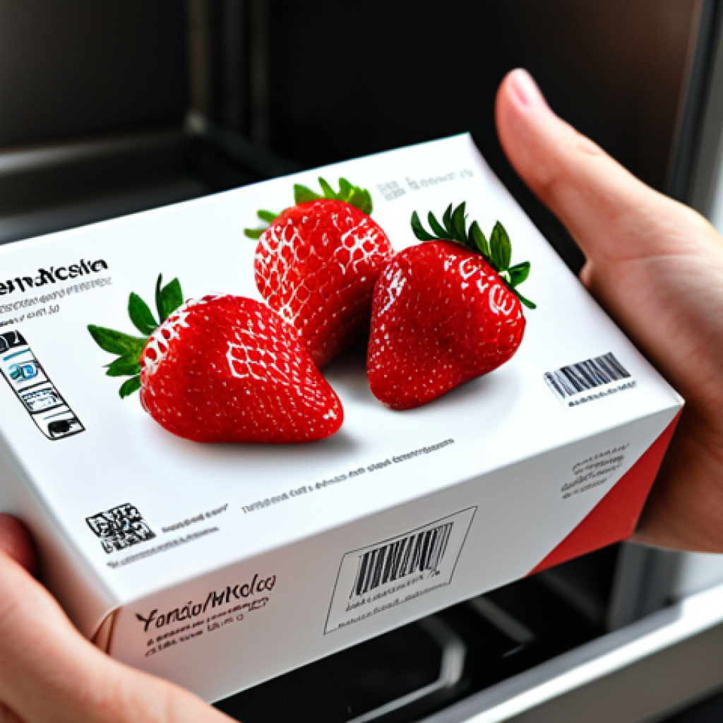 Smart Packaging**

"Close-up of a hand holding a package of fresh strawberries. The packaging subtly glows with a soft, internal light indicating freshness. The package has a small, unobtrusive QR code. Background is a clean, modern kitchen. Focus on the package details. Safe for work, appropriate content, fully clothed (hand only visible), professional, modern design, high resolution, realistic, perfect anatomy, natural proportions."

**
