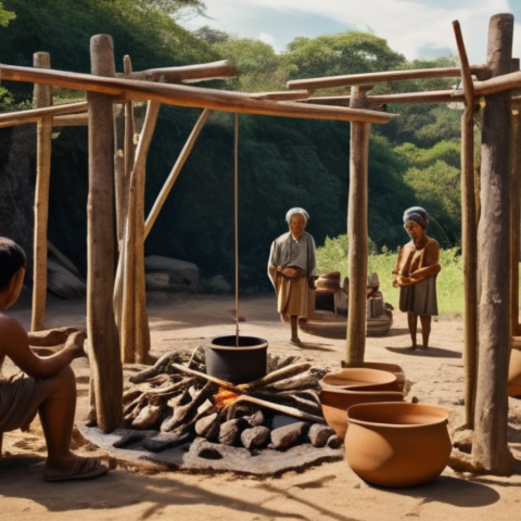 식품공학의 역사 - **Prompt: Early Culinary Ingenuity - The Art of Survival**
    A wide, atmospheric shot depicting a ...