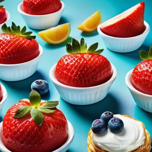 식품에서의 극저온 냉각 기술 - A hyper-realistic still life showcasing an array of cryogenically preserved foods on a sleek, modern...