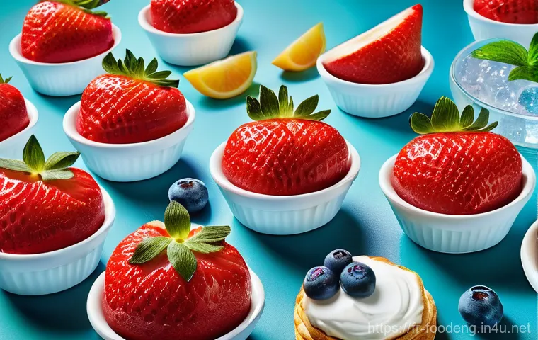 식품에서의 극저온 냉각 기술 - A hyper-realistic still life showcasing an array of cryogenically preserved foods on a sleek, modern...