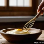 식품에서의 유화 및 분산기술 - A close-up, high-resolution image of a creamy homemade mayonnaise being whisked by hand in a rustic ...