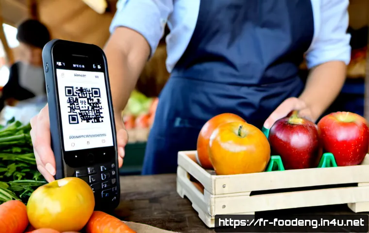 식품의 원산지 추적 기술 - Photorealistic French farm-to-table food origin traceability scene, a French woman in a neat market ...
