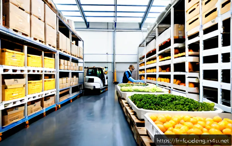 식품 유통과 물류 시스템 - Photorealistic wide view inside a modern French food distribution warehouse, diverse workers in clea...