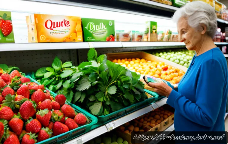 식품에서의 스마트 패키징 기술 - Photorealistic French supermarket produce aisle, a clear smart freshness sensor label on a sealed tr...