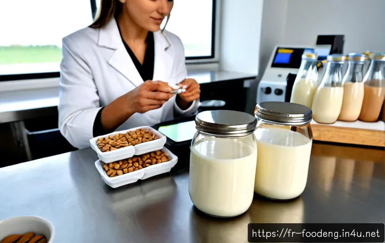 Home 15 식물성 우유 개발 - Photorealistic French food innovation laboratory, a food scientist in a clean white coat examining c...